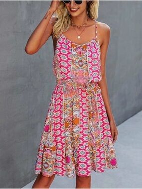 NWOT Boho Pink Printed Spaghetti-Strap Dress